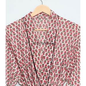 100% Cotton Woven Hand Block Printed Indian Floral Luxury Bath Wear Kimono Robe <b>Sleepwear</b> Nightgown for Summer - Product Image 4