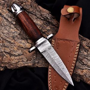 Daga de Damasco Hecha a Mano al por Mayor - Cuchillo de Doble Filo - Hoja Fija de 8.5 Pulgadas para Caza con Mango de Madera y Funda de Cuero - Product Image 4