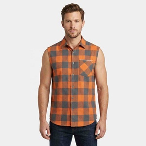High Quality Custom Loose Fit Men's Sleeveless Plaid Flannel <b>Shirt</b> Orange <b>Black</b> Check Turn-down Collar Casual Autumn Wear <b>Shirt</b> - Product Image 3