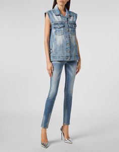 Classic Button-Down Slim Fit Denim Vest | Women's Versatile Sleeveless <b>Jacket</b> | Stretch Denim Waistcoat for Casual Wear - Product Image 4