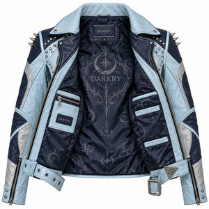 Chaqueta de Cuero Azul Marino Claro para Mujer, con Estampado Gráfico de Luna Creciente Celestial, Chaqueta Biker con Cinturón, Fabricación Personalizada, Proveedor OEM ODM - Product Image 5