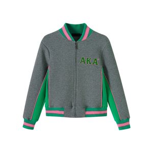 AKA Charcoal Grey Air Tech Fleece Warm Up <b>Jacket</b> Green <b>Pink</b> Trim Women's Athletic Track <b>Jacket</b> Casual Sportswear - Product Image 1