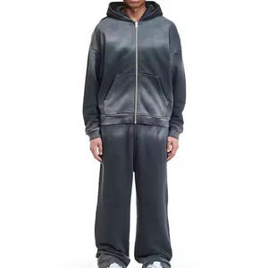 Ensemble de sweat-shirt à capuche gris pour homme, manches régulières, en molleton français, décontracté, pour l'automne, coupe ample, couleur unie, avec poche, fermeture éclair - Product Image 1