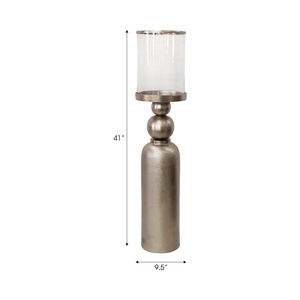 Sophisticated Silver Nickel Pillar <b>Candle</b> Stand With A Clear Glass <b>Hurricane</b> Modern Spherical Design For Luxury Home Decoration - Product Image 3