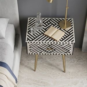 Black and White Pattern Nightstand Gold Legs Bedside <b>Table</b> Drawer <b>Storage</b> <b>Side</b> Cabinet for Bedroom Living Room - Product Image 4