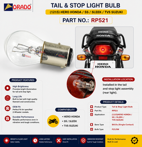 Ampoule de feu arrière et de stop pour moto Hero Honda SS Sleek TVS Suzuki, qualité export pour pièces détachées de deux-roues, Inde, Orado - Product Image 3