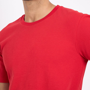 T-shirt en coton rouge pour homme, col rond, manches courtes, coupe classique, couleur unie, décontracté, tricoté, design uni - Product Image 6