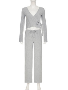 Custom Logo Ladies Sweet Soft Two Piece Tracksuit Deep V Neck Short <b>Top</b> Matching Skinny Fit Drawstring Long Trousers Street Wear - Product Image 5