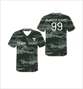 เสื้อเบสบอลแบบซับลิเมชั่นคอวี แขนสั้น ผ้าโพลีเอสเตอร์ดูดซับความชื้น พิมพ์ลายพราง ชื่อทีม ชื่อผู้เล่น - Product Image 1