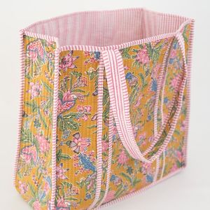 Factory Direct Mustard Yellow Pink Floral Cotton Kantha Quilted Storage Tote <b>Bag</b> Women Shoulder Travel Carrying Handbag Striped - Product Image 1