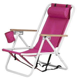 Sedia da Spiaggia Pieghevole Portatile 4 Posizioni, Resistente, in Cotone, Compatibile con Zaino, Sedia da Campeggio Pieghevole con Braccioli in Legno, Poggiatesta e Portabicchieri - Product Image 3