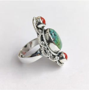 Vintage Style <b>Silver</b> 925 Large Oval Turquoise <b>Ring</b> with Red Coral Stone <b>Statement</b> Jewelry - Product Image 2