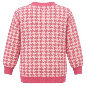 <b>Women</b> Pink White Houndstooth Knit <b>Cardigan</b> V Neck Gold Button Long Sleeve Embroidered Pocket Casual Fashion <b>Sweater</b> Jacket - Product Image 2