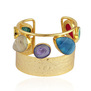 Trendy stalactite druzy agate <b>adjustable</b> <b>bracelet</b> 18K gold plated geode slice open bangle multi botswana wide cuff brass jewelry - Product Image 2