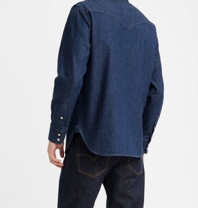 Chemise en denim bleu foncé pour homme, manches longues, coupe classique, col rabattu avec poches, style décontracté, 100% coton - Product Image 6