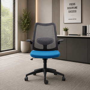 Chaise de bureau exécutive en tissu KINSHA Dolphin Series, pivotante, avec accoudoirs rabattables, hauteur réglable, design moderne, dossier ouvert, siège bleu - Product Image 1