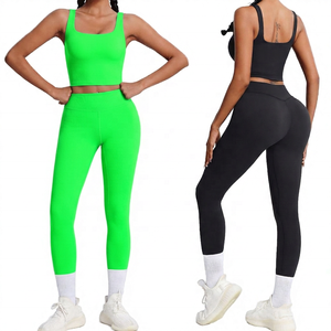 Ensemble de yoga sans couture pour femmes, leggings taille haute, haut court, vêtements de sport, bleu noir - Product Image 4