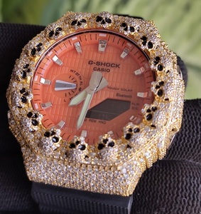 Montre de luxe pour homme, motif crâne orange, entièrement sertie de moissanite, style Hip Hop, finition dorée - Product Image 4