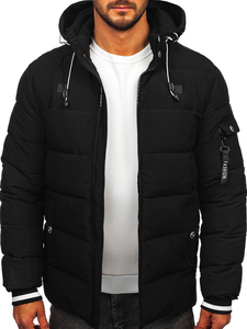 Chaqueta acolchada negra con capucha para hombre, con cierre de cremallera y logotipo en la manga, abrigo informal de invierno con relleno grueso de poliéster - Product Image 1