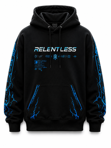 เสื้อฮู้ดดี้สีดำแบบไม่มีลาย แบรนด์ Relentless สำหรับผู้ชาย สไตล์สตรีทแวร์ ทรงปกติ พิมพ์ลายดิจิทัล ลายสายฟ้าสีน้ำเงิน ผ้าเฟรนช์เทอร์รี่ 320gsm - Product Image 1