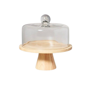 Round Wood <b>Cake</b> <b>Stand</b> with <b>Glass</b> Dome Cover Reusable Dessert Display <b>Stand</b> Hand Wash Only - Product Image 1