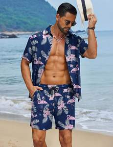 Chemise à manches courtes pour hommes, bleu marine, rose, imprimé feuilles tropicales, flamants roses, col à revers, boutons, short assorti, ensemble 2 pièces, décontracté, hawaïen - Product Image 4
