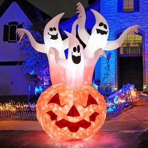 Decorazioni Gonfiabili di Halloween da 1,8 Metri con Tre Fantasmi Bianchi, Zucca e Lampada Rotante per Esterni - Product Image 4
