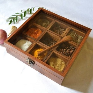 Classic Eco-Friendly Wooden Spice <b>Box</b> with 9 Compartments Glass Lid Hand-Crafted Durable Herb & <b>Masala</b> Storage Hand Wash Only - Product Image 5