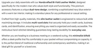 Portefeuille en cuir artisanal à double pli avec plusieurs emplacements pour cartes, design bicolore fin pour hommes et usage quotidien professionnel, bleu marine - Product Image 6