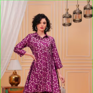 ชุดคุรตะปักมือสีม่วงแบบอสมมาตร - Product Image 1