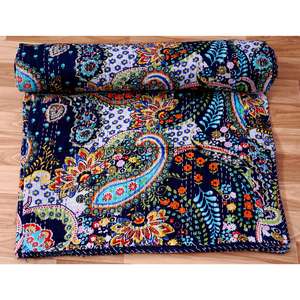 Rajasthan Handmade paisley Printed Vintage Eco-Friendly All-Season <b>Double</b> Size Organic 100% Cotton Kantha Spread Printing - Product Image 3