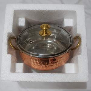 Hammered Copper Casserole Cooking <b>Pot</b> with Glass Lid Double Handles Traditional Handi Serving Cookware Hotel Restaurant Catering - Product Image 2