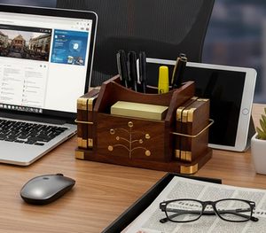 Handcrafted Wooden Desk Organizer with Brass Accents Multi Compartment Office <b>Stationery</b> <b>Holder</b> Pen Pencil Scissor Letter Note - Product Image 4