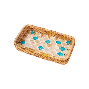 Bandeja de servir hecha a mano de tamaño mini, de nácar y ratán, para bebidas frías, almacenamiento de tazas de té y servicio. - Product Image 1