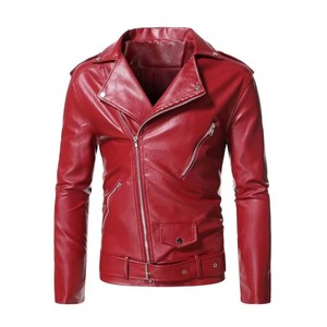 Men' Red PU Leather Moto Jacket <b>Slim</b> Fit Turn-down Collar Zipper Closure <b>Belted</b> Design Solid Color Biker Coat Autumn Wear - Product Image 3