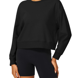 Sudadera de cuello redondo para mujer, al por mayor, con LOGO personalizado, cómoda, transpirable, de color azul liso, con mangas abullonadas, para otoño. - Product Image 3
