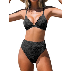 Conjunto de bikini con diseño de malla floral para mujer, top triangular con cuello pronunciado, parte inferior de cintura alta, traje de baño, ropa de playa - Product Image 1