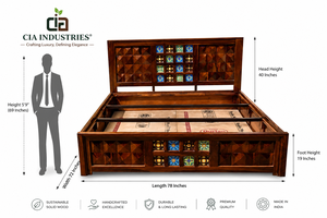 CIA Solid Wood King Size <b>Platform</b> Adjustable Storage <b>Bed</b> Hand Carved Traditional Design Rosewood with Geometric Panels - Product Image 2