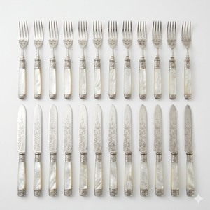 Service de couverts de luxe antique britannique avec poignées en nacre, couteaux et fourchettes plaqués argent, style victorien, objets de collection - Product Image 2