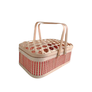 Cesta de Bambú Rectangular Festiva para Picnic con Tapa de Tejido Abierto, Cesta Decorativa de Madera con Doble Asa para Té y Pasteles, Baúl de Almacenamiento - Product Image 3