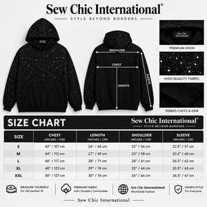 Sew Chic International Sudadera con capucha unisex de corte holgado, negra, con pedrería y estampado tie-dye metalizado, estilo streetwear, con bolsillo canguro - Product Image 6