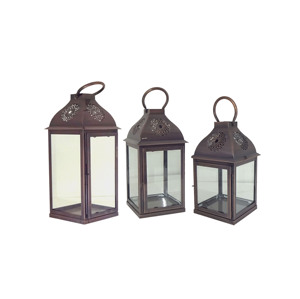 Hanging Bronze Metal <b>Square</b> Moroccan Candle Lantern Set Slanted Cutout Grill Roof Pagoda Dome Vent Ring Handle <b>Glass</b> Panes Table - Product Image 2