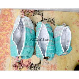 Block Print Kantha Floral Tassel Zipper Closure Eco-Friendly Durable Vintage Fashion Boho Lightweight Soft Handle Cosmetic Bag - Product Image 5