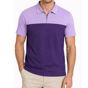 Polo de manga corta para hombre de alta calidad con bloques de color, cierre de cremallera de un cuarto, informal, en morado y lavanda. - Product Image 1