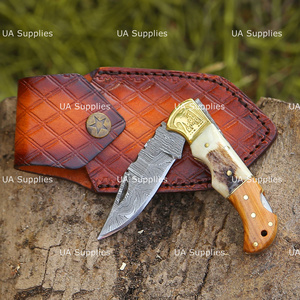 UA Supplies Hand Engraved Eagle Brass Accent Damascus Steel Back <b>Lock</b> Folding Pocket Knife Luxury Handmade EDC Hunting - Product Image 3
