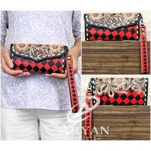 Elegant New Designer Hand Tooled Cowhide Leather Clutch Checkered Pattern Luxury Wallet Floral Carved Stylish Women’s <b>Purse</b> - Product Image 1