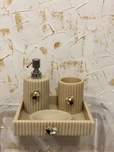 Hot Sale Eco-Friendly Luxury Resin Five-Piece Bathroom Set Gold Flake Lotion Dispenser <b>Toothbrush</b> Cup Soap Dish Tray Hotel Use - Product Image 2