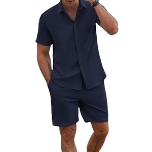 Ensemble décontracté d'été 2 pièces pour homme : chemise à manches courtes en coton gaufré à motifs et short assorti – Tenue respirante pour homme - Product Image 1