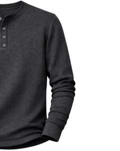 T-shirt thermique à manches longues pour homme, col Henley, gris anthracite, décontracté, col boutonné, vêtement d'hiver, coton, coupe ajustée, tissu respirant - Product Image 3