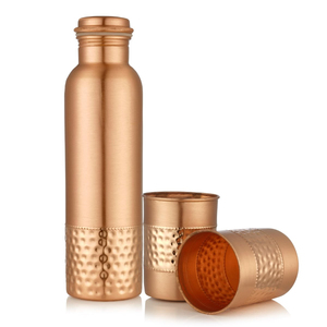 Classic Copper Water Bottle with Two Glass Hammered Design For Hydration Yoga Ayurveda Inspired Drinkware Bottle With Packaging - Product Image 2